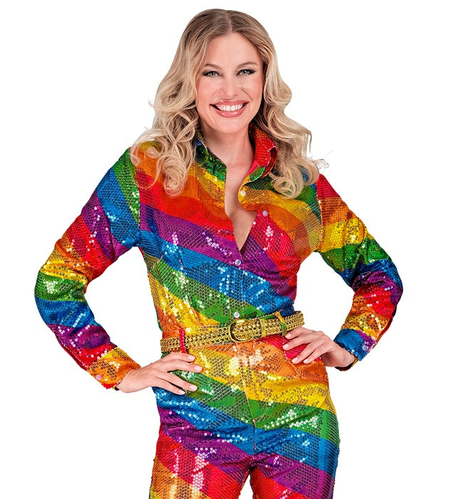Bunte Paillettenbluse mit Regenbogenmuster auf weißem Hintergrund