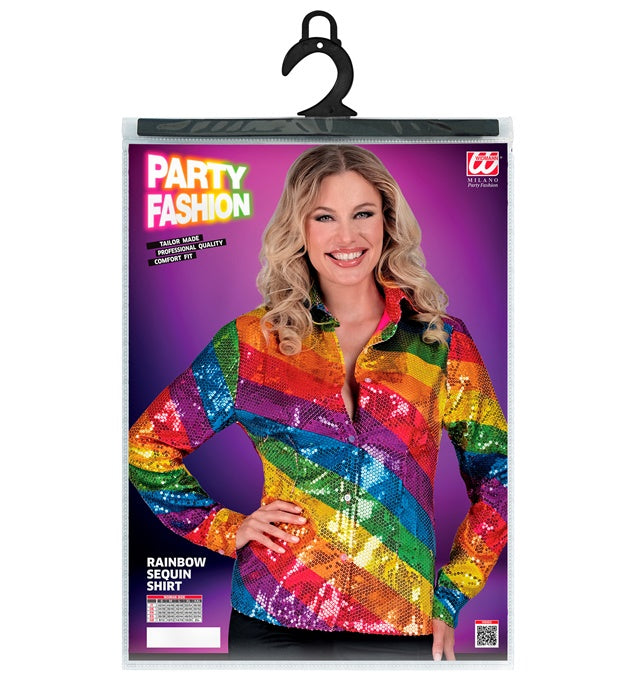Bunte Paillettenbluse mit Regenbogenmuster auf weißem Hintergrund
