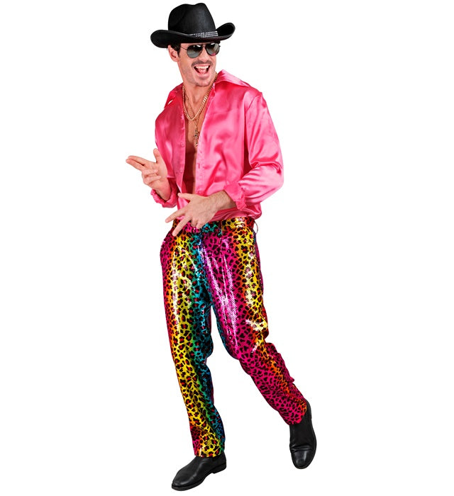 Paillettenhose im Leopardenmuster mit Regenbogeneffekt auf neutralem Hintergrund