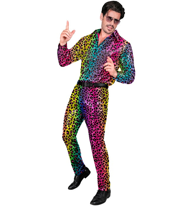 Paillettenhose im Leopardenmuster mit Regenbogeneffekt auf neutralem Hintergrund