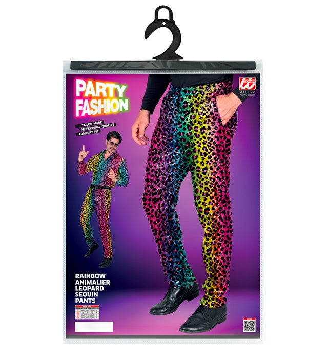 Paillettenhose im Leopardenmuster mit Regenbogeneffekt auf neutralem Hintergrund