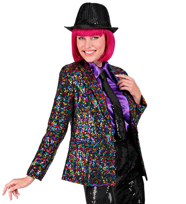 Bunter Pailletten-Blazer mit glitzernden Farben für Fasnacht und Karneval