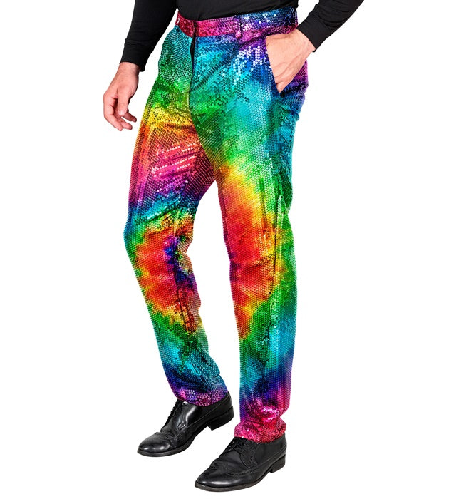 Bunte Paillettenhose im Tie-Dye Muster auf weißem Hintergrund