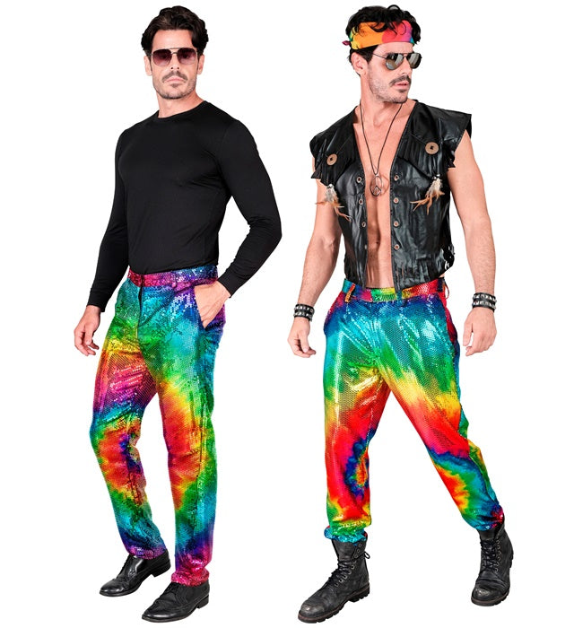 Bunte Paillettenhose im Tie-Dye Muster auf weißem Hintergrund