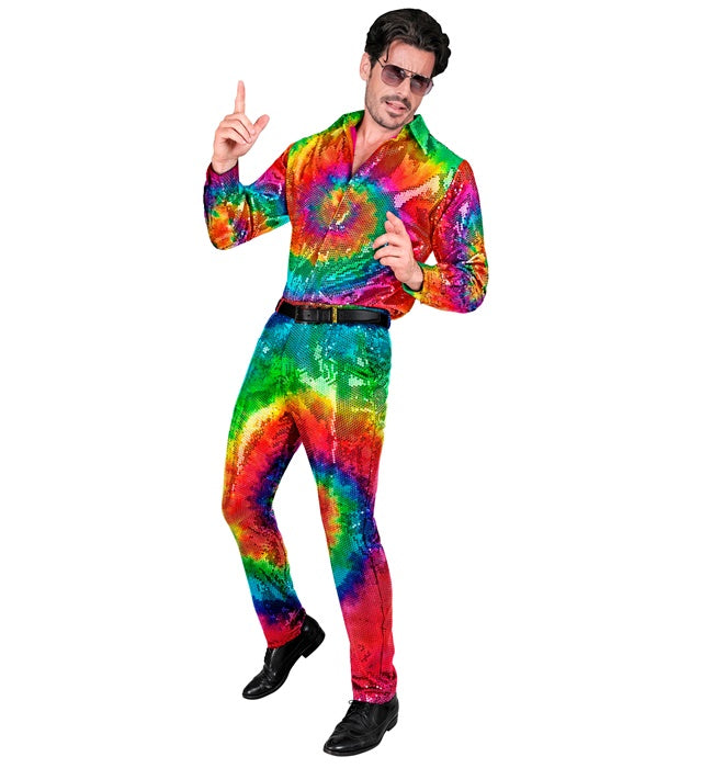 Bunte Paillettenhose im Tie-Dye Muster auf weißem Hintergrund
