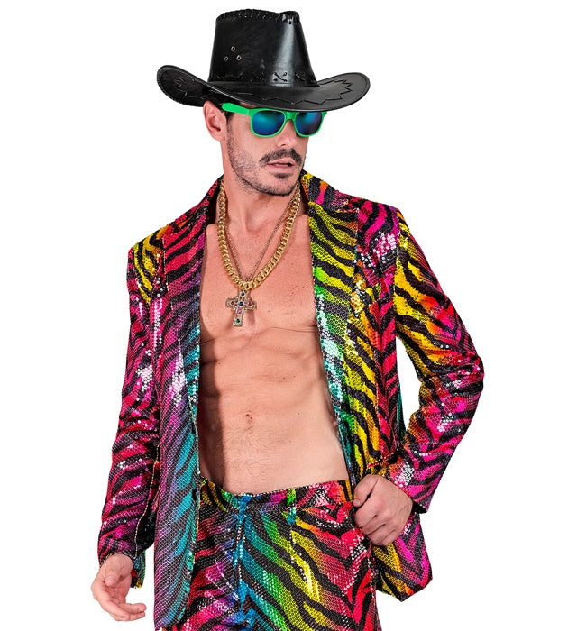 Pailletten-Jackett im Tigermuster mit Regenbogenfarben für Fasnacht und Karneval