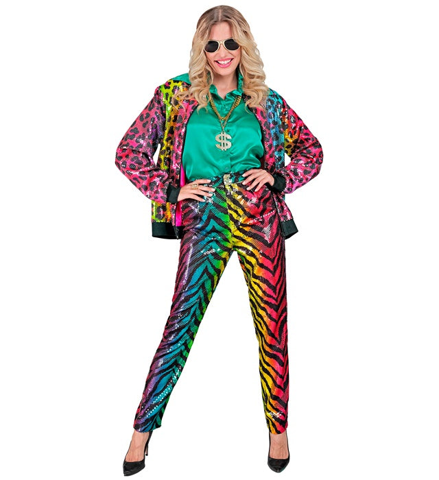 Bunte Paillettenhose im Tigermuster mit Regenbogen-Effekt für Fasnacht