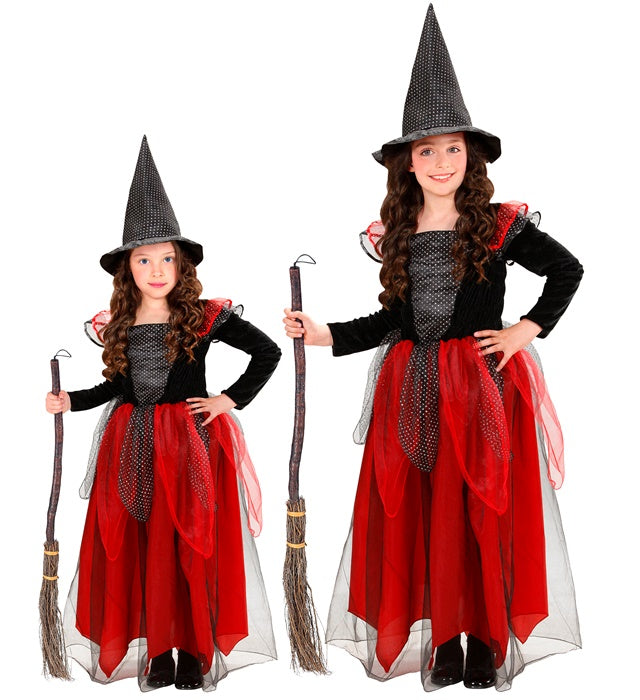 Hexen-Kostüm schwarz und bordeaux mit Kleid und spitzem Hut für Fasnacht
