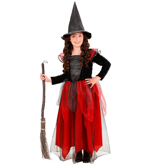 Hexen-Kostüm schwarz und bordeaux mit Kleid und spitzem Hut für Fasnacht