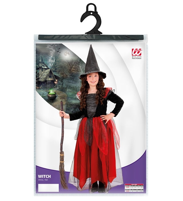 Hexen-Kostüm schwarz und bordeaux mit Kleid und spitzem Hut für Fasnacht