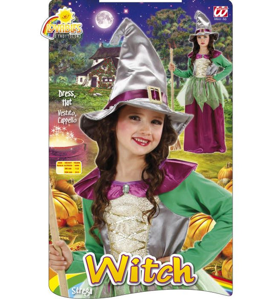 Hexenkostüm grün-violett mit Kleid und spitzem Hut