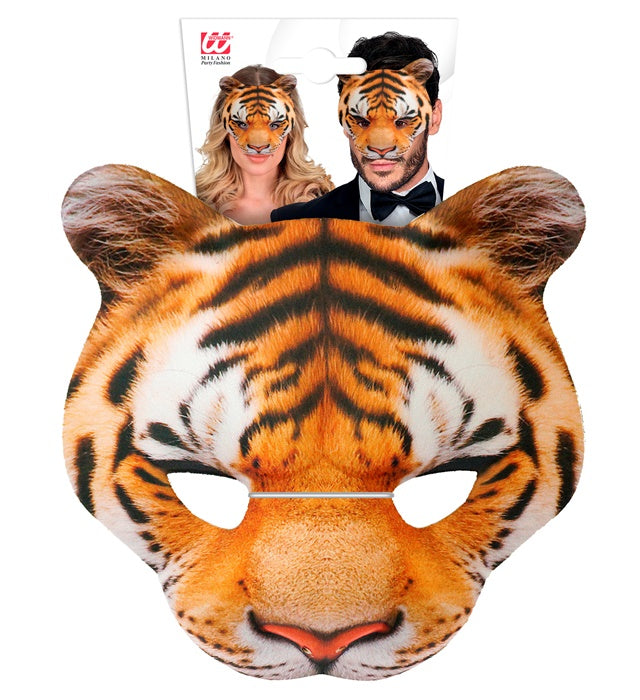 Tigermaske aus Stoff ohne Kinn, detailreiches Design in Orange und Schwarz