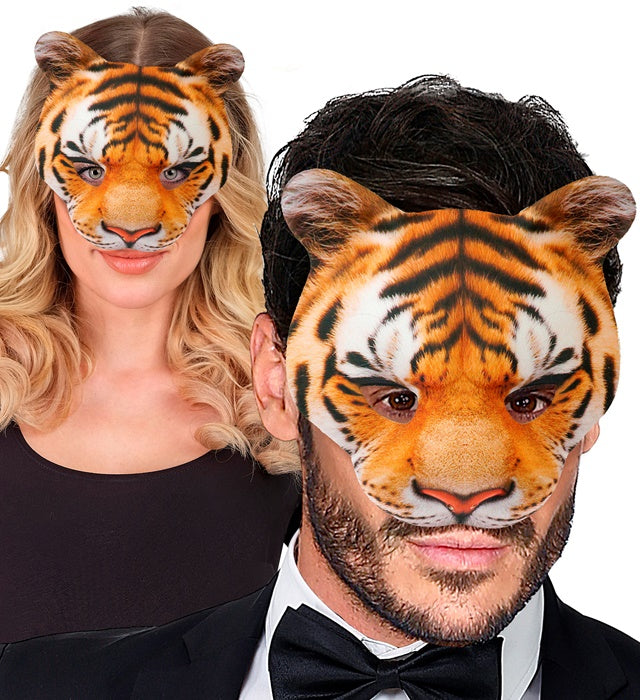 Tigermaske aus Stoff ohne Kinn, detailreiches Design in Orange und Schwarz