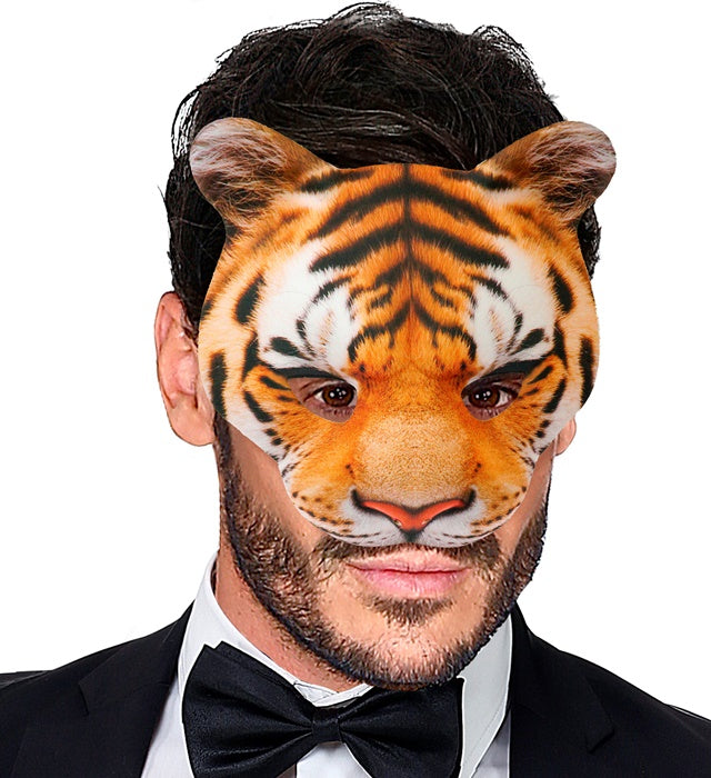 Tigermaske aus Stoff ohne Kinn, detailreiches Design in Orange und Schwarz