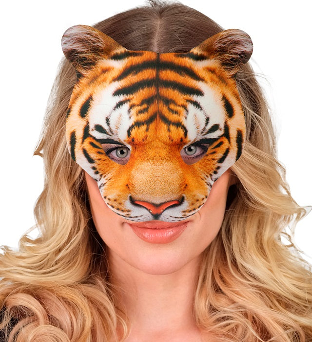 Tigermaske aus Stoff ohne Kinn, detailreiches Design in Orange und Schwarz
