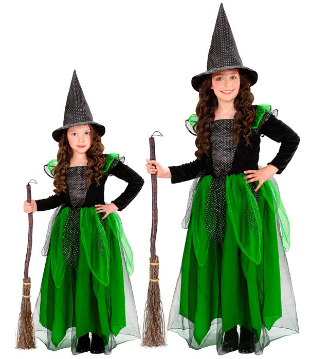 Hexen-Kostüm mit schwarzem Kleid und spitzem Hexenhut