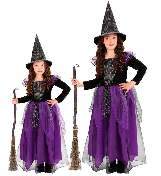 Hexen-Kostüm bestehend aus schwarzem Kleid und spitzem Hexenhut für Fasnacht