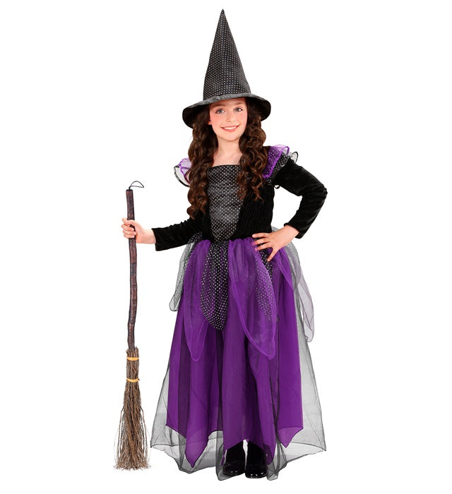 Hexen-Kostüm bestehend aus schwarzem Kleid und spitzem Hexenhut für Fasnacht
