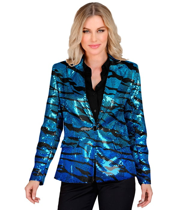 Blauer Pailletten-Blazer mit blauem Wellenmuster für Fasnacht und Karneval