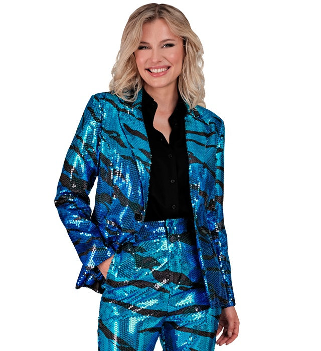 Blauer Pailletten-Blazer mit blauem Wellenmuster für Fasnacht und Karneval