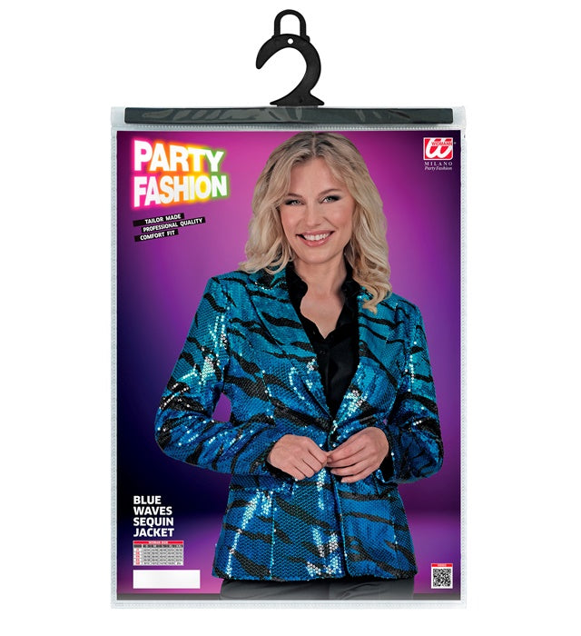 Blauer Pailletten-Blazer mit blauem Wellenmuster für Fasnacht und Karneval