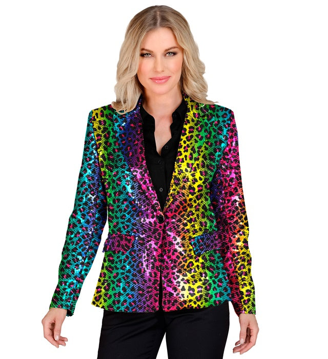 Pailletten Blazer mit Leopardenmuster und Regenbogen-Effekt für Fasnacht