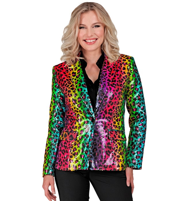 Pailletten Blazer mit Leopardenmuster und Regenbogen-Effekt für Fasnacht
