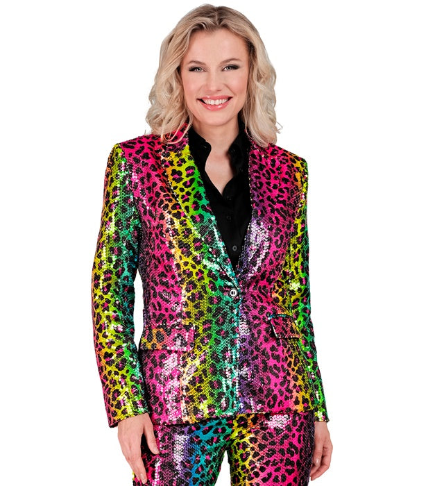 Pailletten Blazer mit Leopardenmuster und Regenbogen-Effekt für Fasnacht