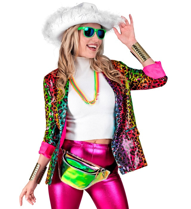 Pailletten Blazer mit Leopardenmuster und Regenbogen-Effekt für Fasnacht