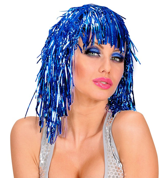 Blaue Lamé Perücke mit metallic Glanz für Fasnacht und Karneval