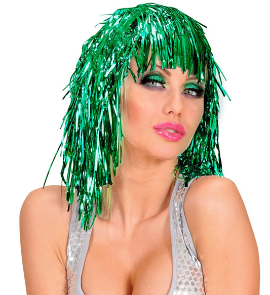 Grüne Lamé-Perücke mit metallischem Glanz für Fasnacht und Karneval