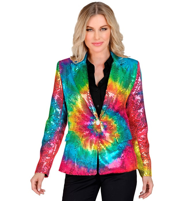 Pailletten Blazer mit buntem Tie-Dye Muster für Fasnacht und Karneval