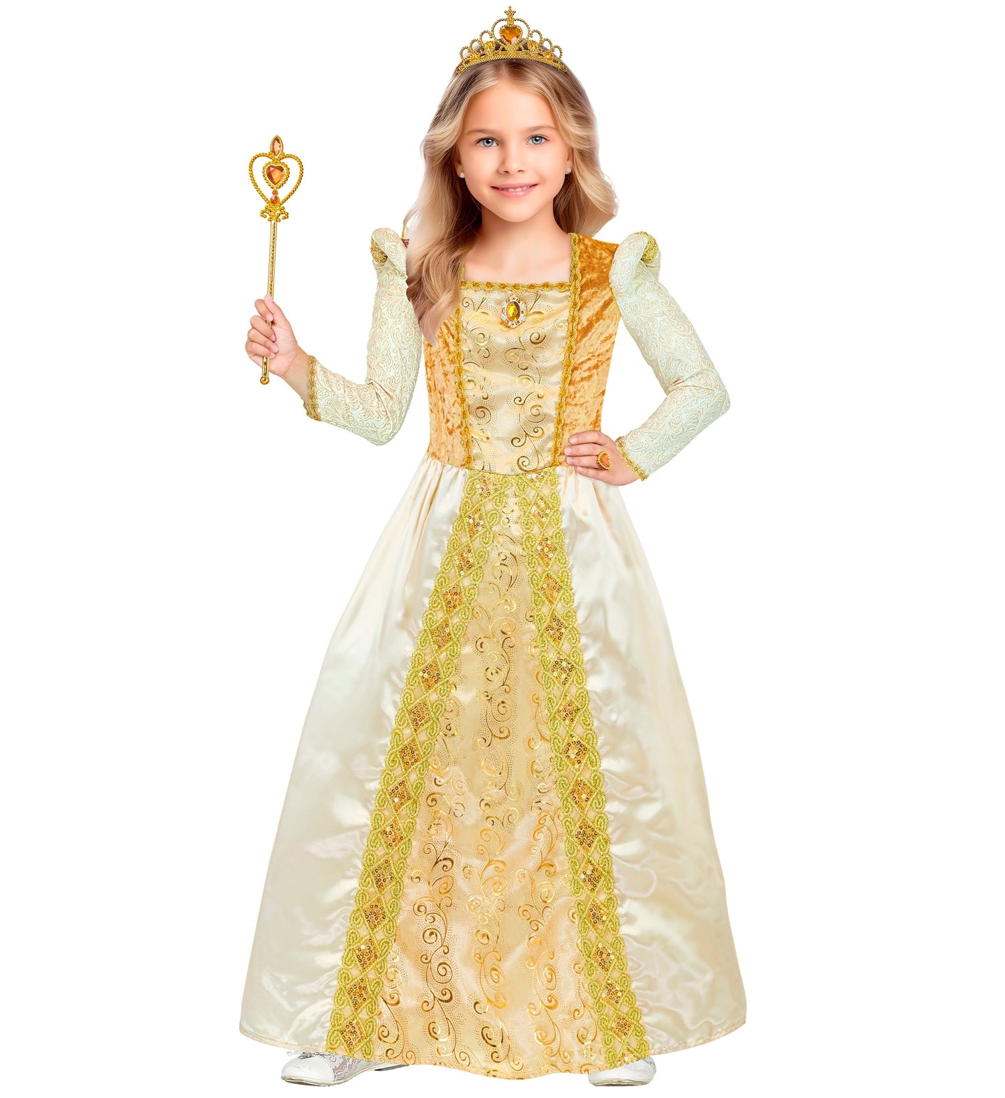 Mittelalter Prinzessin Kleid mit Unterrock, Krone in Gold