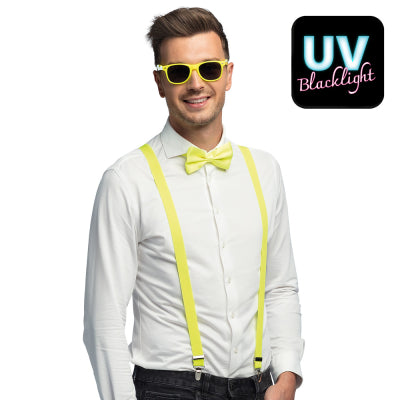 Boland Neon gelbes Kostüm-Set – Sonnenbrille Fliege & Hosenträger