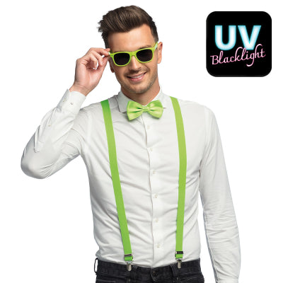 Boland Kostüm Neon Grün Party-Set mit Brille Fliege und Hosenträgern