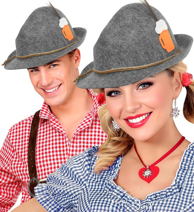 Bayerischer Filzhut mit Bierkrug und Federn, traditionelles Fasnachtszubehör