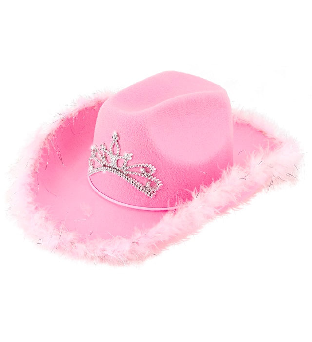 Rosa Cowgirl Hut mit Tiara und silbernen Lametta-Fäden für Fasnacht und Karneval