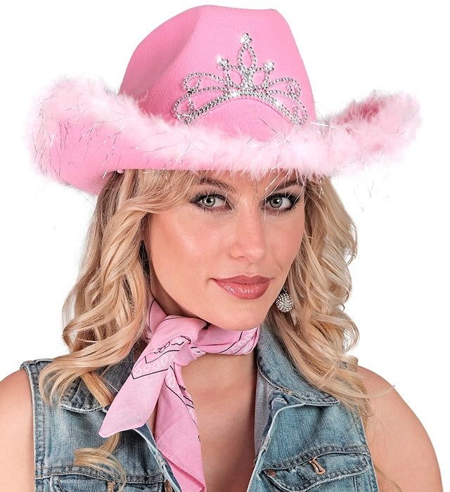 Rosa Cowgirl Hut mit Tiara und silbernen Lametta-Fäden für Fasnacht und Karneval