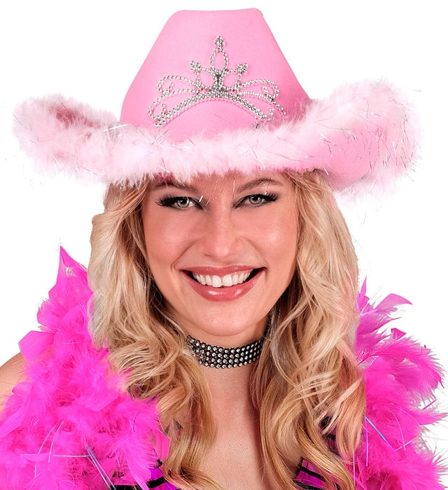 Rosa Cowgirl Hut mit Tiara und silbernen Lametta-Fäden für Fasnacht und Karneval
