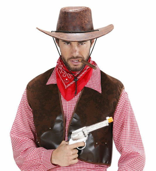 Cowboyhut aus braunem Kunstleder für Fasnacht und Mottopartys