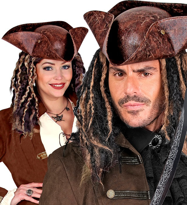 Dreispitzhut Pirat aus schwarzem Kunstleder für Fasnacht und Karneval
