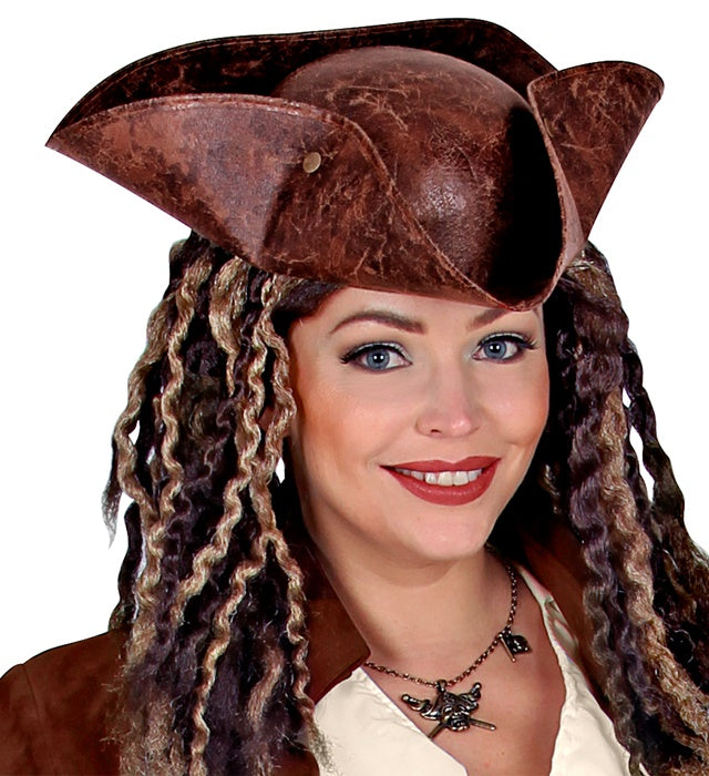 Dreispitzhut Pirat aus schwarzem Kunstleder für Fasnacht und Karneval