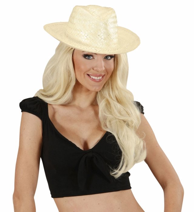 Weisser Cowboystrohhut aus Stroh für Fasnacht und Karneval