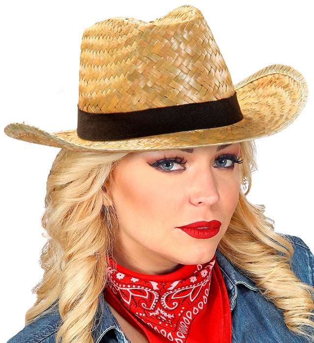 Texas Strohhut aus Stroh mit breiter Krempe für Fasnacht und Karneval