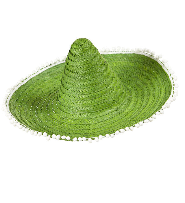 Grüner Sombrero mit bunten Pom Poms, 48 cm Durchmesser, Fasnachtshut