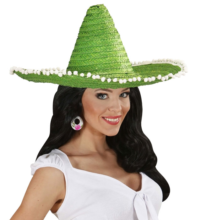 Grüner Sombrero mit bunten Pom Poms, 48 cm Durchmesser, Fasnachtshut