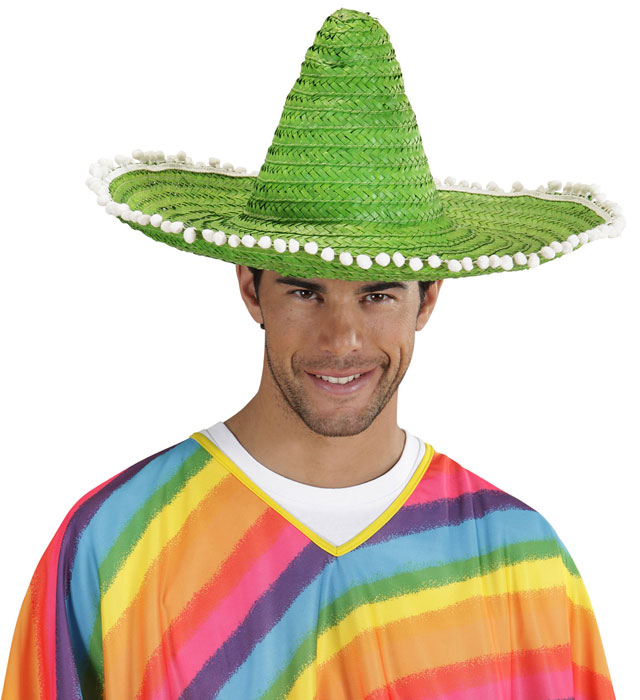 Grüner Sombrero mit bunten Pom Poms, 48 cm Durchmesser, Fasnachtshut