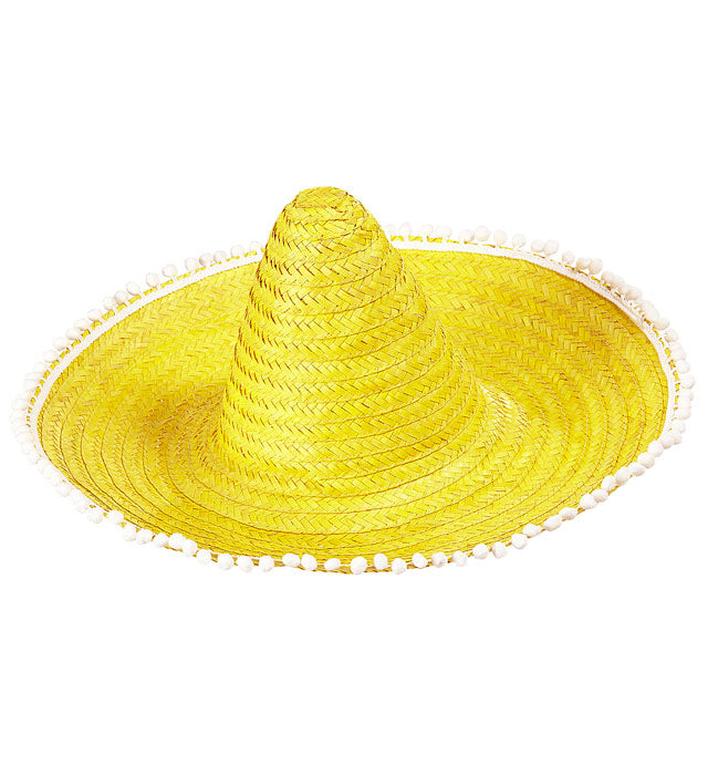 Gelber Sombrero mit bunten Pom Poms, 50 cm Durchmesser, Fasnacht Hut
