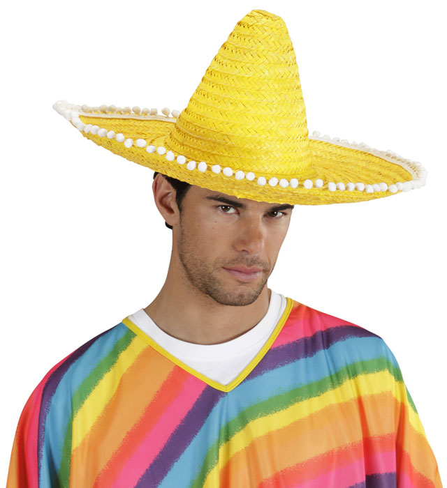 Gelber Sombrero mit bunten Pom Poms, 50 cm Durchmesser, Fasnacht Hut