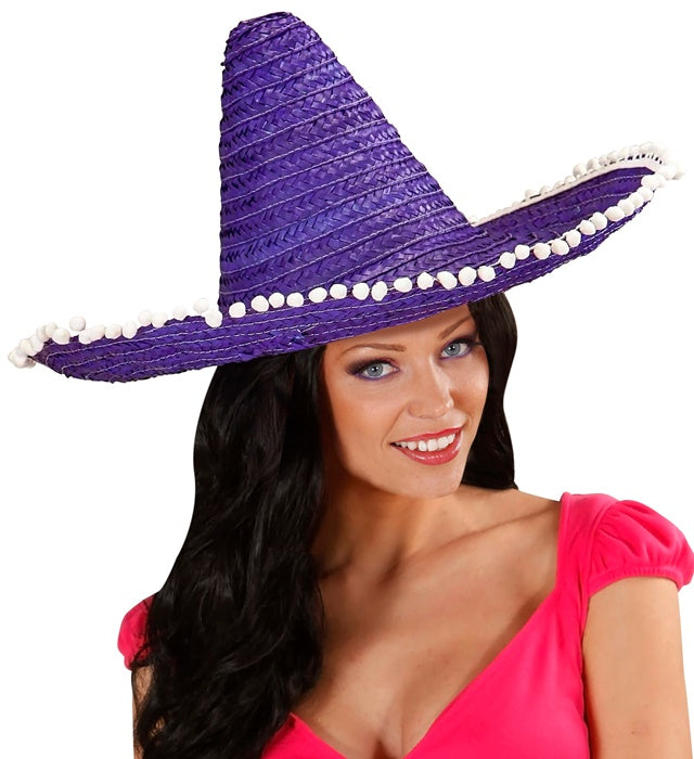 Violetter Sombrero mit bunten Pom Poms, 50 cm Durchmesser